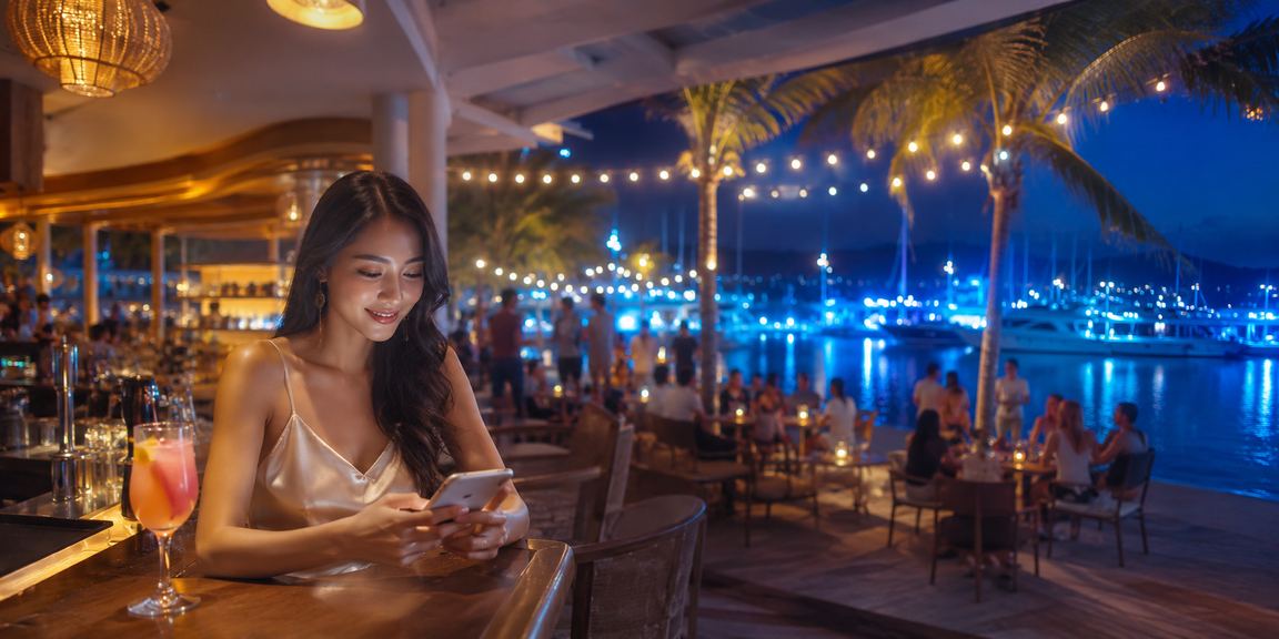 Người dùng đăng nhập tài khoản casino trực tuyến tại bãi biển Phú Quốc trên điện thoại